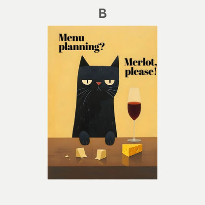 Illustration of a black cat with a glass of red wine and cheese on a yellow background.