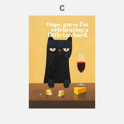 Illustration of a black cat with a glass of red wine and cheese on a yellow background.