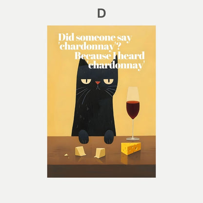 Illustration of a black cat with a glass of red wine and cheese on a yellow background.