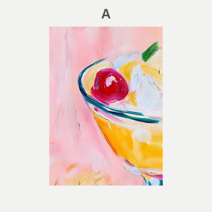 Painting of a dessert with a cherry on top against a pink background