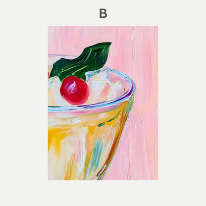 Colorful painting of a glass with a cherry and leaf on a pink background