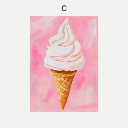 Painting of an ice cream cone with pink watercolor background