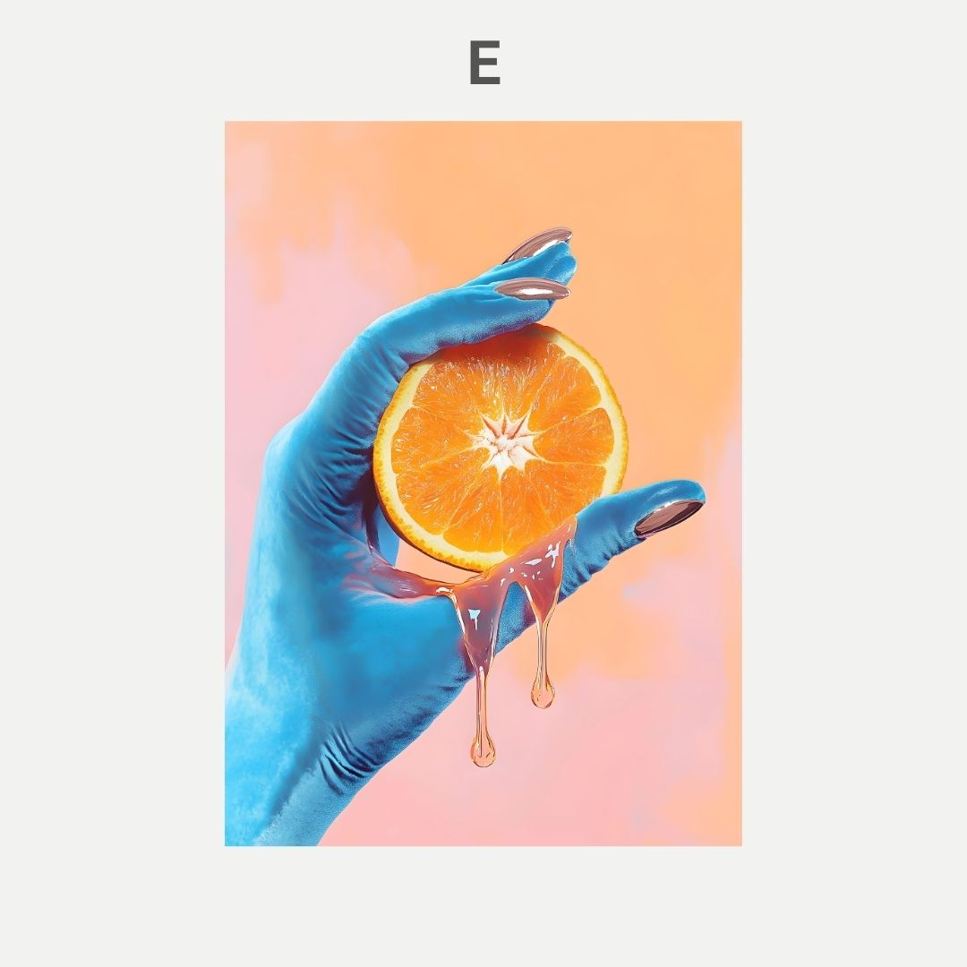 Blue gloved hand holding a sliced orange with juice dripping on a pink background