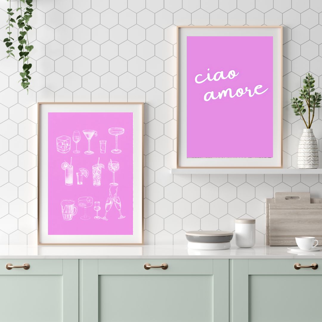 Retro  Pink Martini Food and Drink Canvas Print Art Ciao Amore Pink Poster For Kitchen Wall Decor