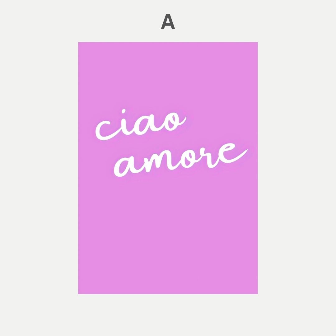 Purple poster  with 'ciao amore' text on a white background
