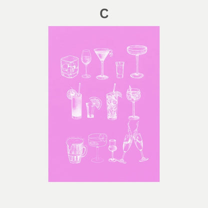 Pink poster with white line drawings of various cocktails and drink glasses