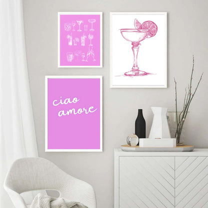 Retro  Pink Martini Food and Drink Canvas Print Art Ciao Amore Pink Poster For Kitchen Wall Decor