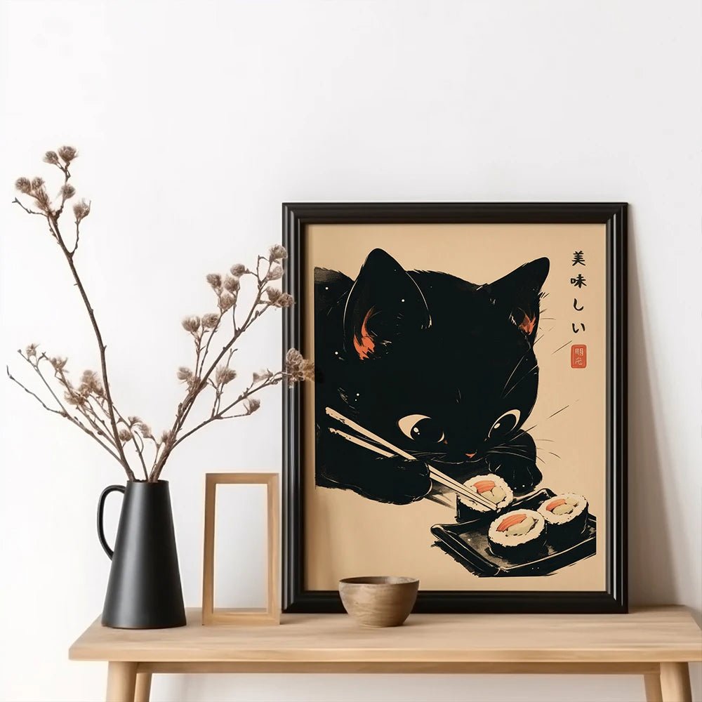 Cute Black Cat Eating Sushi, Vintage Poster Japanese Art