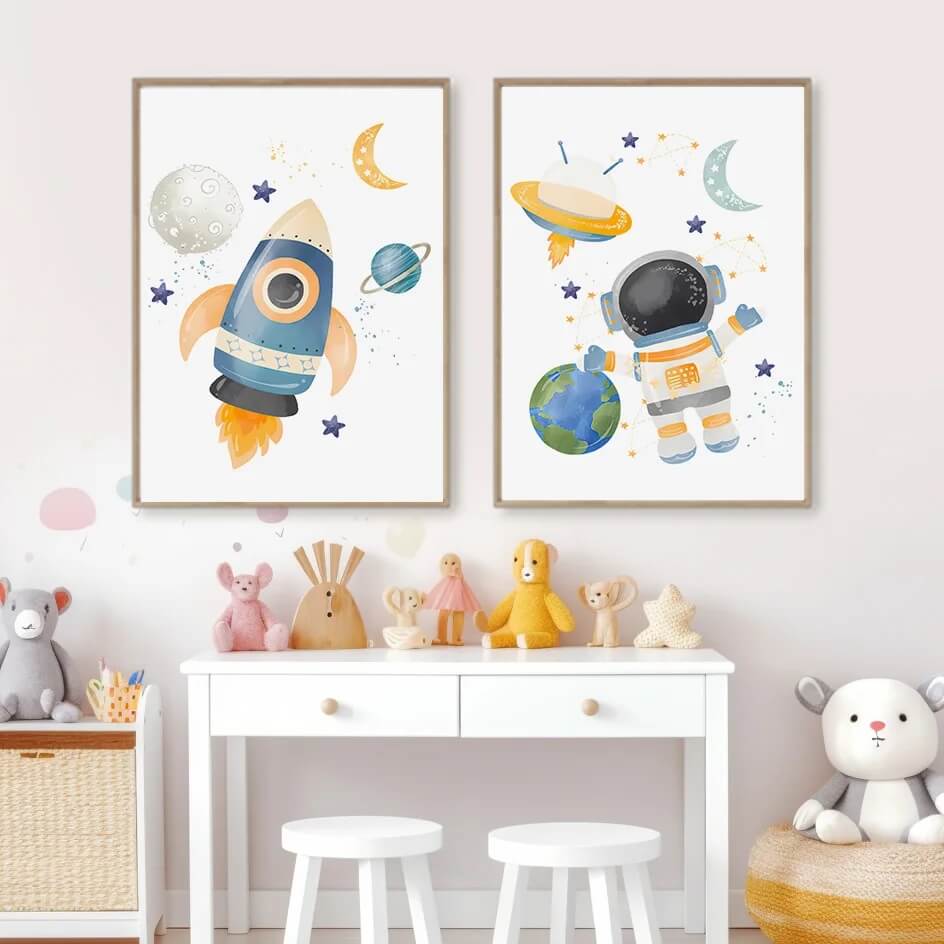 Rocket Astronauts Planet Outer Space Custom Name Wall Art Minimalist Canvas Prints Nordic Posters For Kids Room Nursery Décor