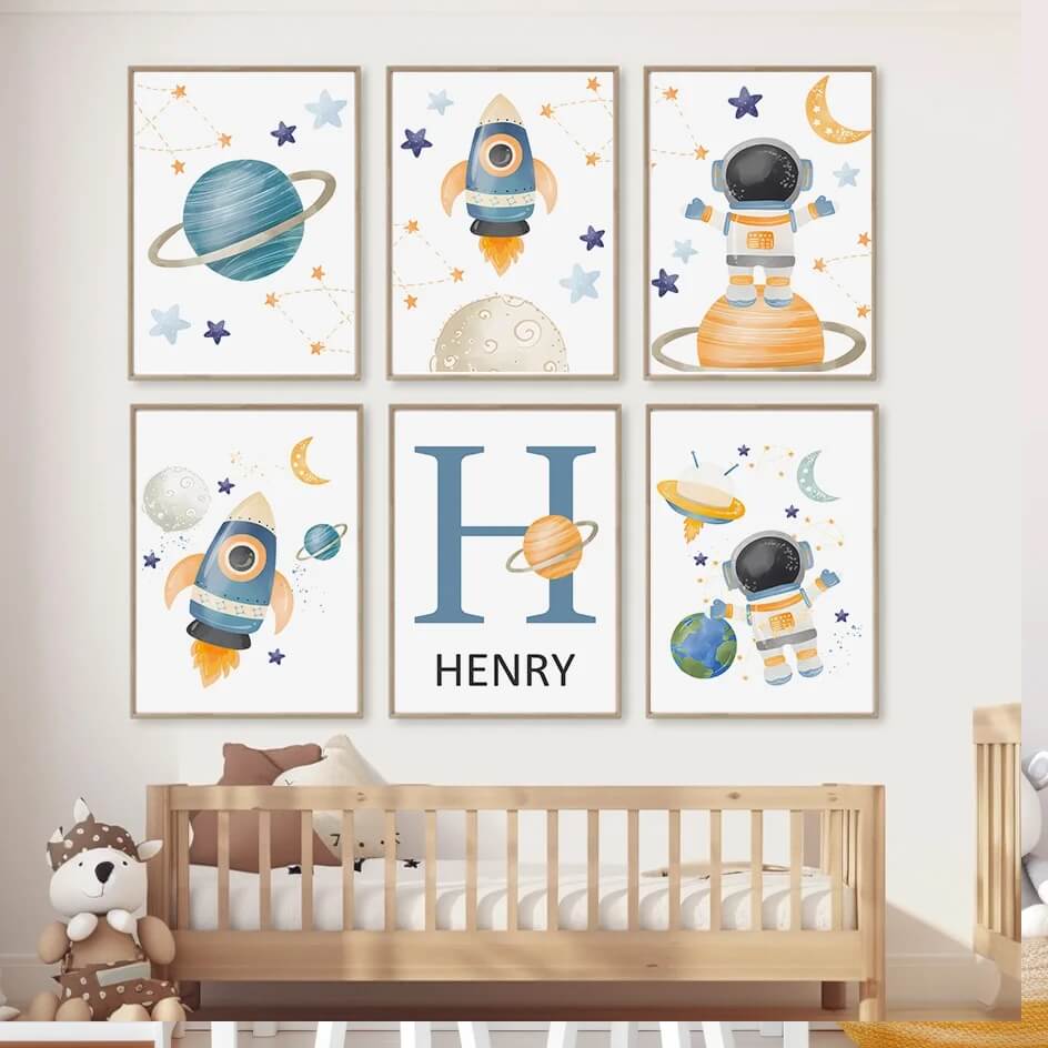 Rocket Astronauts Planet Outer Space Custom Name Wall Art Minimalist Canvas Prints Nordic Posters For Kids Room Nursery Décor