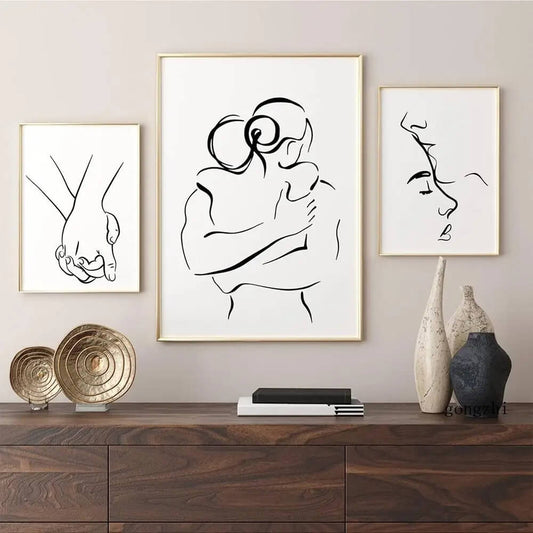 Romantic Love Couple Line Art Kissing Hugging Minimalist Canvas Prints Wall Art For Scandinavian Living Room Bedroom Refresh