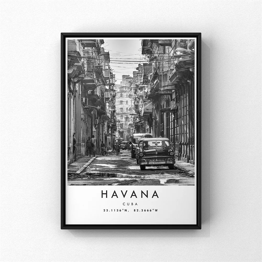Cuba Havana Black & White Travel Poster Wall Art Canvas Prints For Living Room Dining Room
