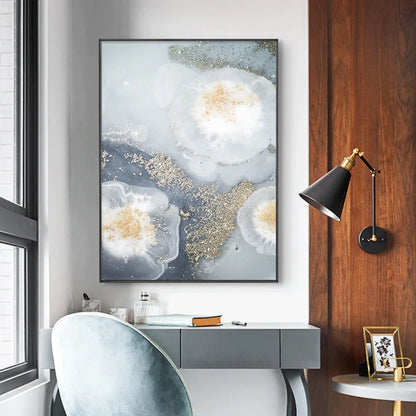 Blue White Golden Abstract Floral Wall Art Canvas Prints Poster For Modern Living Room Bedroom Decor
