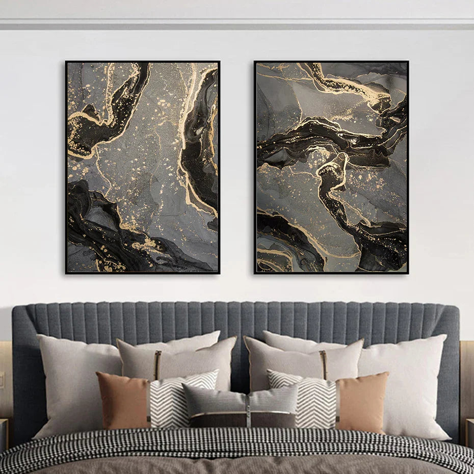 Abstract Black Gray Golden Liquid Marble Print Wall Art Fine Art Canvas Prints For Modern Apartment Living Room Home Office Decor