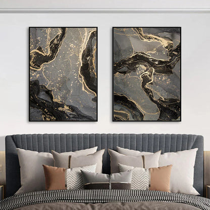 Abstract Black Gray Golden Liquid Marble Print Wall Art Fine Art Canvas Prints For Modern Apartment Living Room Home Office Decor