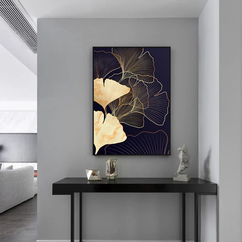 Abstract Botanical Tropical Blue Ginkgo Leaves Wall Art Fine Art Canvas Prints For Living Room Bedroom Hotel Room Decor