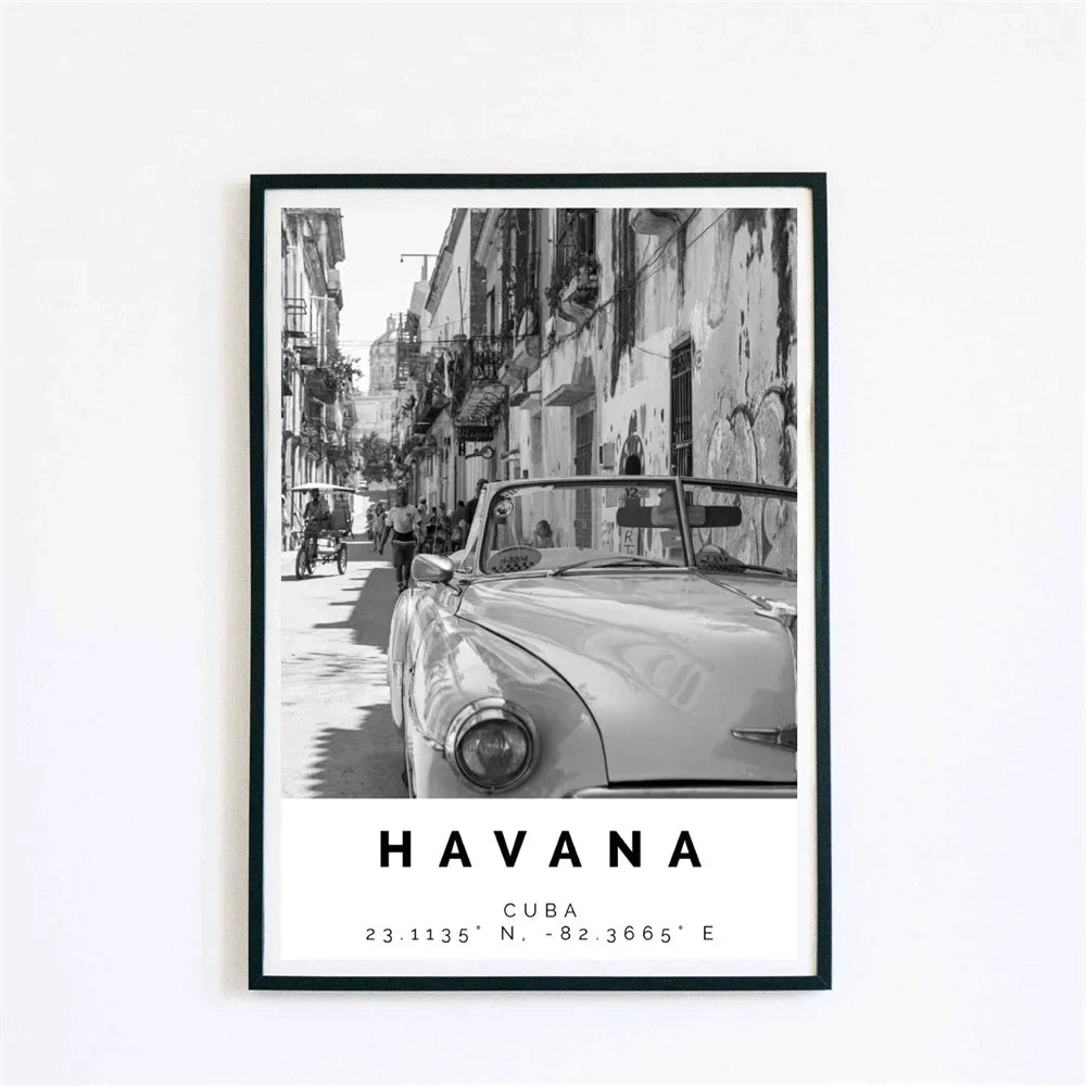 Cuba Havana Black & White Travel Poster Wall Art Canvas Prints For Living Room Dining Room