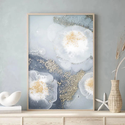 Blue White Golden Abstract Floral Wall Art Canvas Prints Poster For Modern Living Room Bedroom Decor