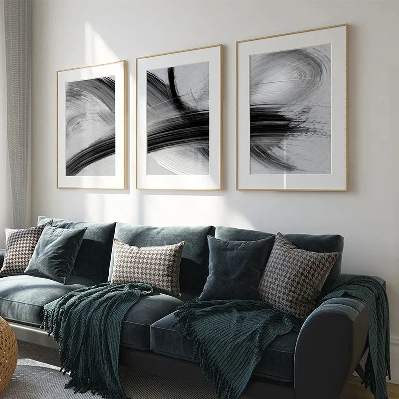 Flowing Brush Strokes Abstract Wall Art Canvas Prints Black and White Poster For Modern Apartment Living Room Bedroom Contemporary Interiors