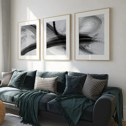 Flowing Brush Strokes Abstract Wall Art Canvas Prints Black and White Poster For Modern Apartment Living Room Bedroom Contemporary Interiors