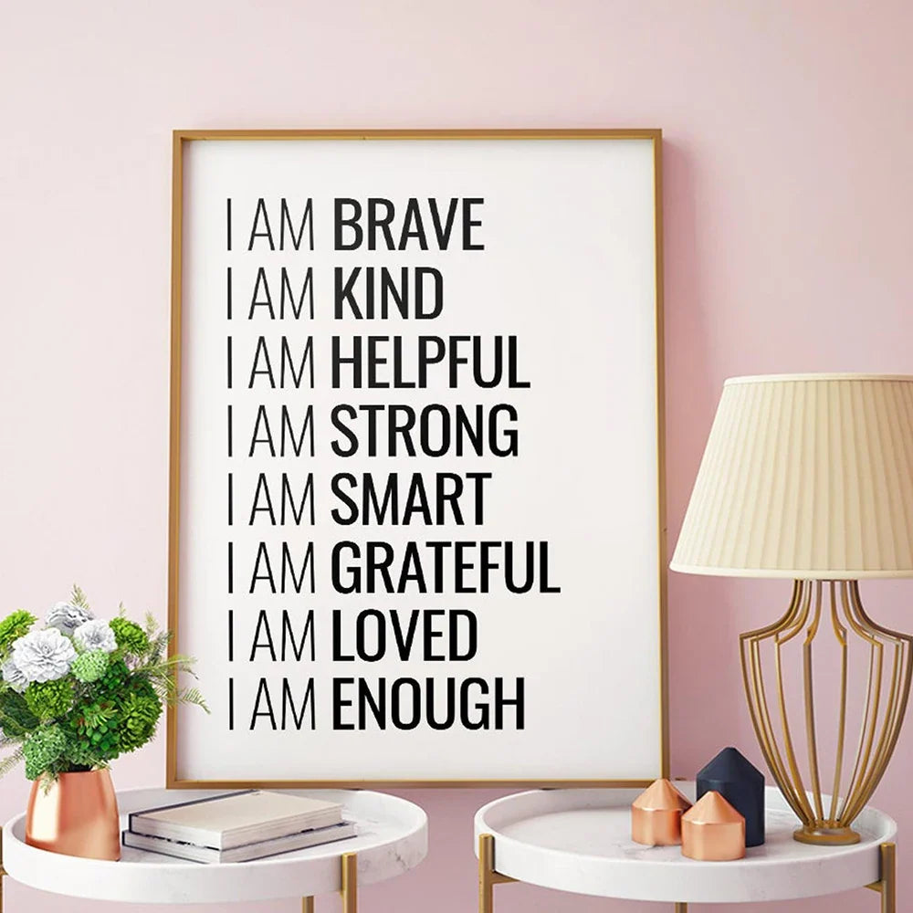 I Am Enough Inspirational Quotation Wall Art Canvas Print Black White Daily Mantra Motivational Poster For Bedroom Decor