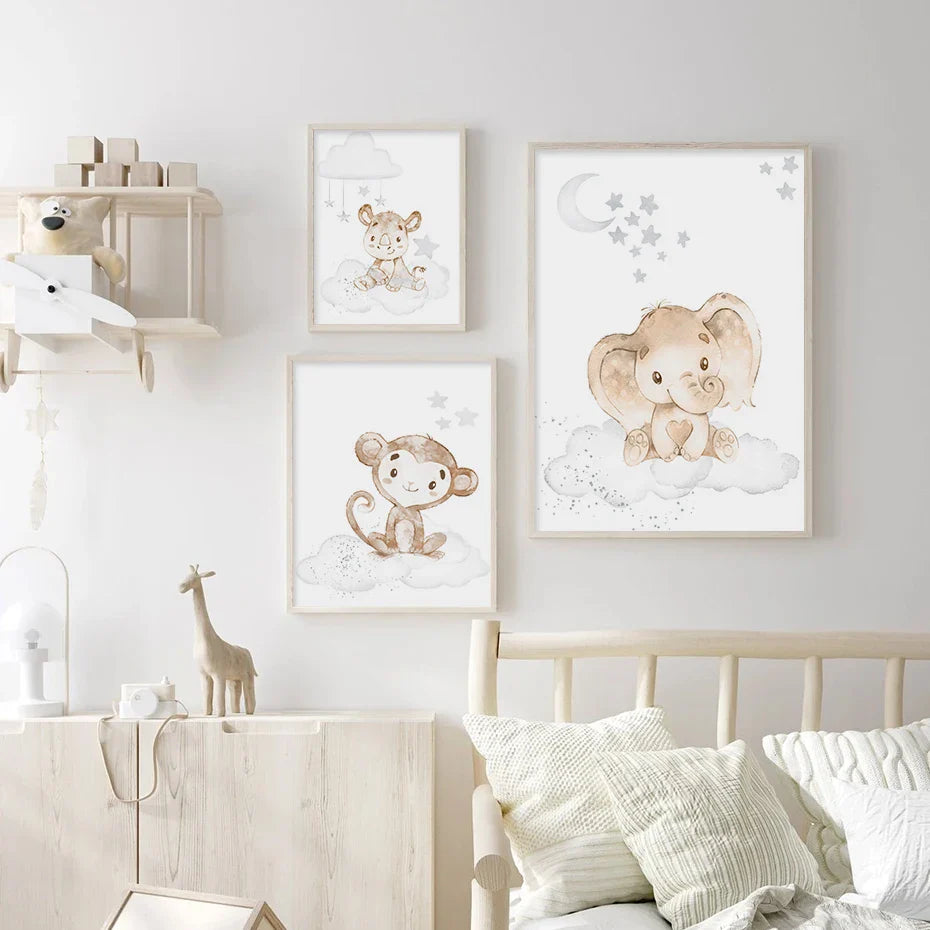 Baby Elephant Monkey Animals Nursery Wall Art Fine Art Canvas Prints Cute Pastel Poster For Baby's Room Kids Room Wall Decor