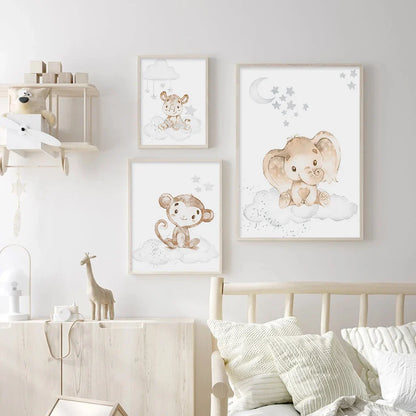 Baby Elephant Monkey Animals Nursery Wall Art Fine Art Canvas Prints Cute Pastel Poster For Baby's Room Kids Room Wall Decor