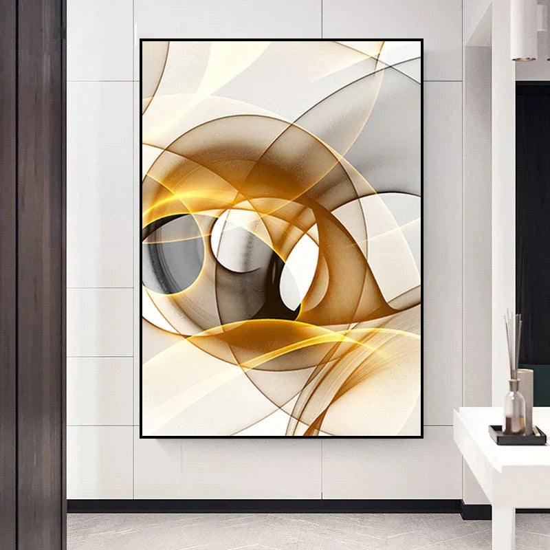Abstract Flowing Black Golden Line Wall Art Canvas Prints Pictures For Modern Apartment Living Room Home Office Decor