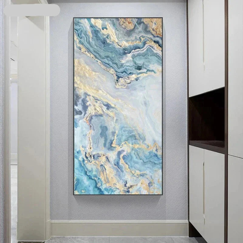 Blue Golden Liquid Marble Wall Art Canvas Prints For Modern Apartment Luxury Living Room Wall Decor