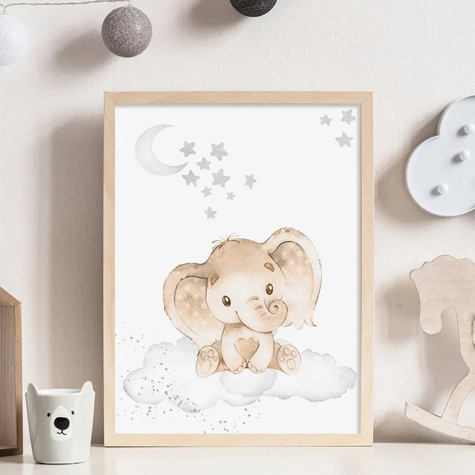 Baby Elephant Monkey Animals Nursery Wall Art Fine Art Canvas Prints Cute Pastel Poster For Baby's Room Kids Room Wall Decor