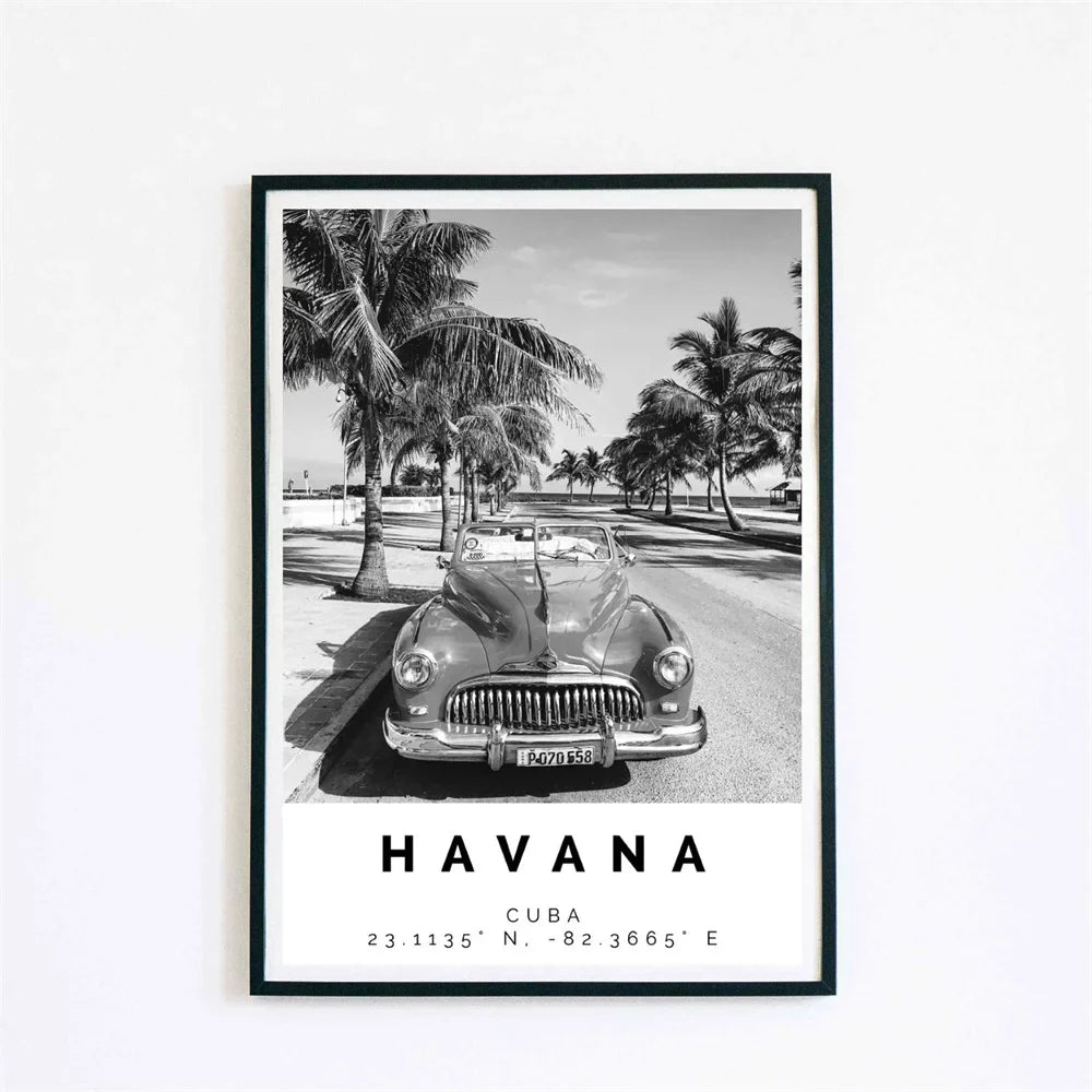 Cuba Havana Black & White Travel Poster Wall Art Canvas Prints For Living Room Dining Room
