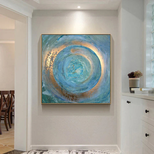 Blue Golden Swirl Circle Wall Art Canvas Prints Square Format Abstract Poster For Living Room Bedroom Office Art Decor