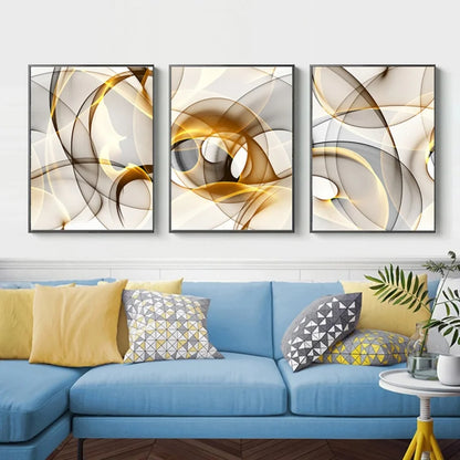 Abstract Flowing Black Golden Line Wall Art Canvas Prints Pictures For Modern Apartment Living Room Home Office Decor