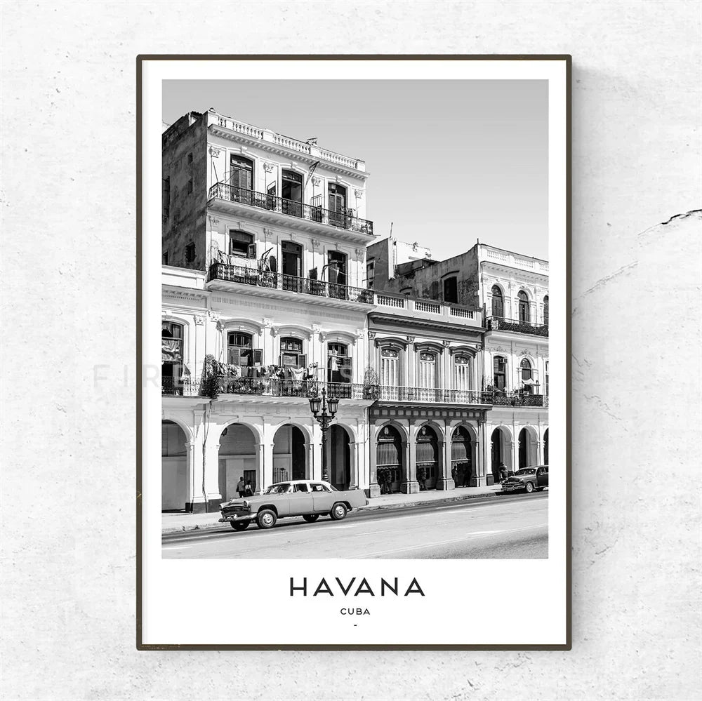 Cuba Havana Black & White Travel Poster Wall Art Canvas Prints For Living Room Dining Room