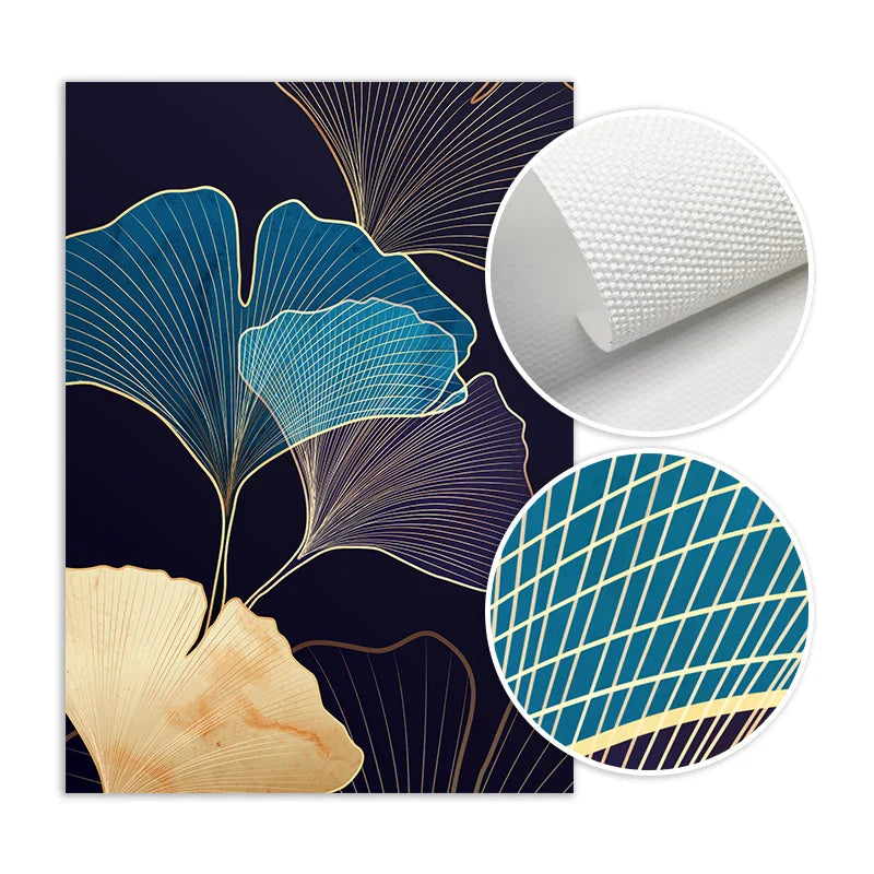 Abstract Botanical Tropical Blue Ginkgo Leaves Wall Art Fine Art Canvas Prints For Living Room Bedroom Hotel Room Decor