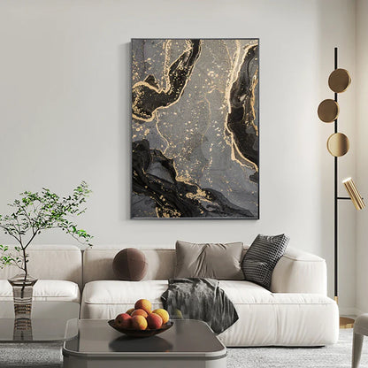 Abstract Black Gray Golden Liquid Marble Print Wall Art Fine Art Canvas Prints For Modern Apartment Living Room Home Office Decor