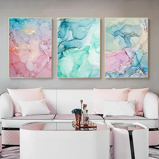 Colorful Shades Pink Blue Jade Liquid Marble Wall Art Canvas Prints Flowing Poster For Living Room Bedroom Hotel Decor