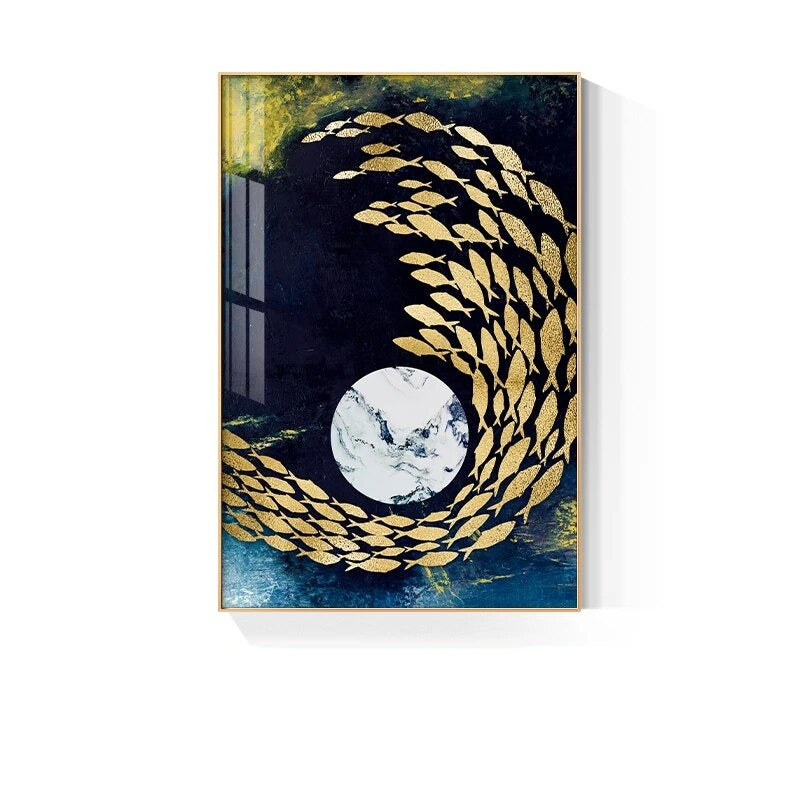 Abstract Auspicious Golden Fish Deep Blue Wall Art Fine Art Canvas Prints For Home Office Boutique Hotel Art Decor
