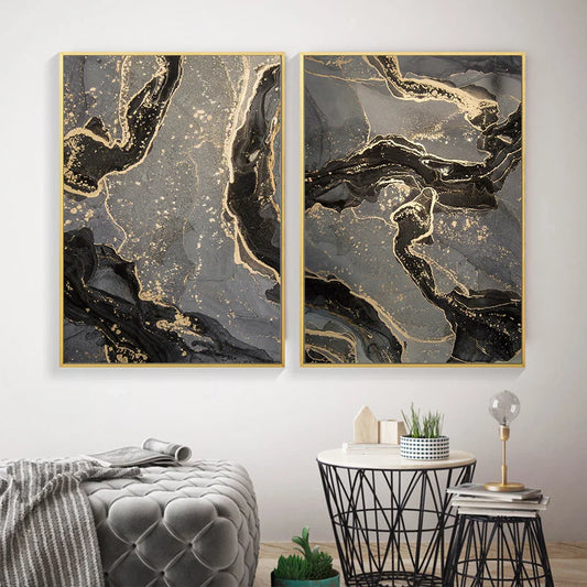 Abstract Black Gray Golden Liquid Marble Print Wall Art Fine Art Canvas Prints For Modern Apartment Living Room Home Office Decor