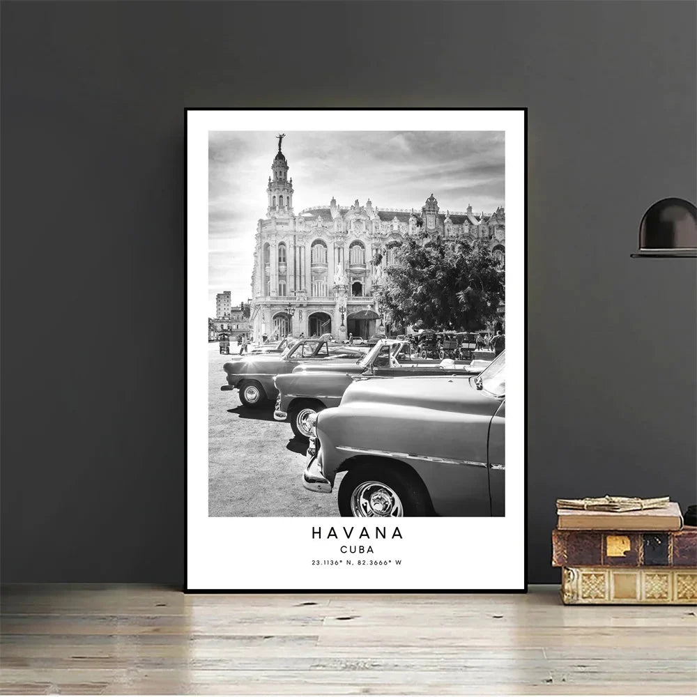 Cuba Havana Black & White Travel Poster Wall Art Canvas Prints For Living Room Dining Room