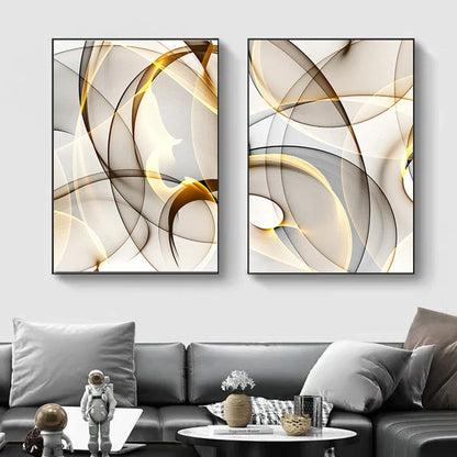 Abstract Flowing Black Golden Line Wall Art Canvas Prints Pictures For Modern Apartment Living Room Home Office Decor