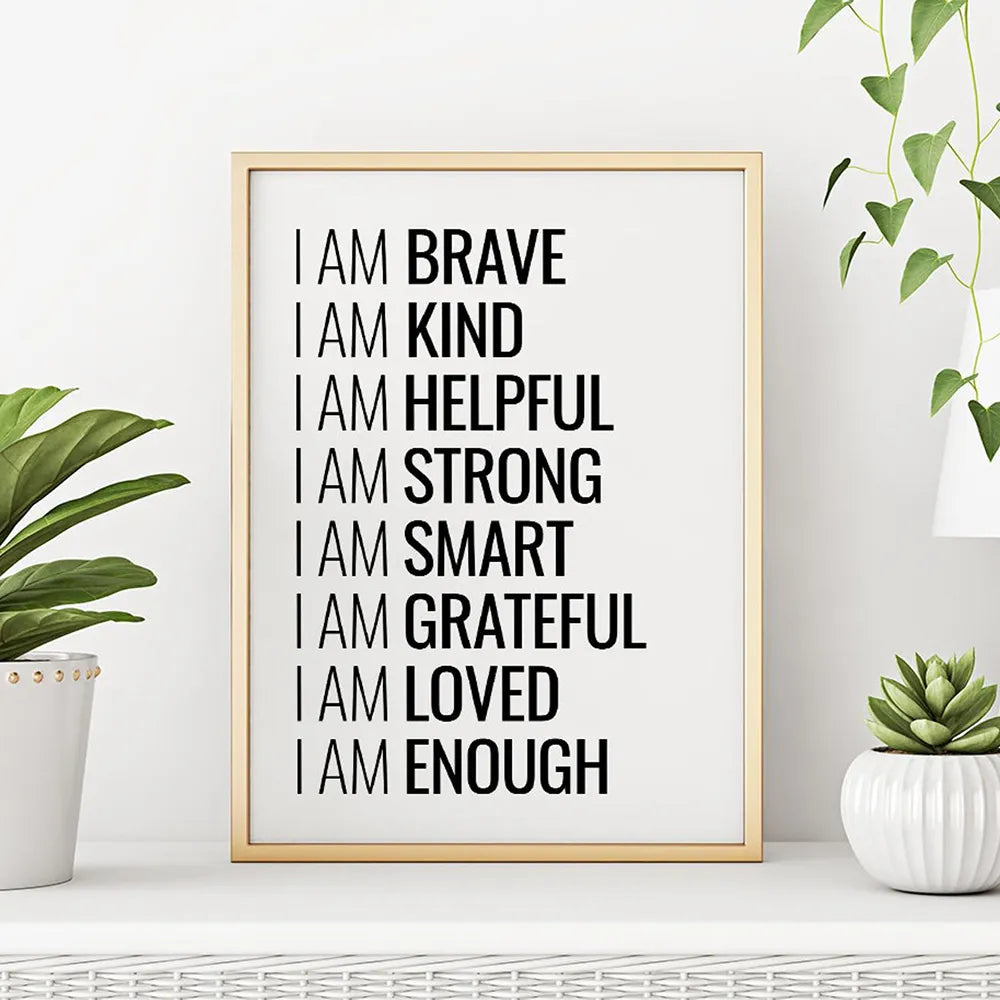 I Am Enough Inspirational Quotation Wall Art Canvas Print Black White Daily Mantra Motivational Poster For Bedroom Decor