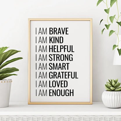 I Am Enough Inspirational Quotation Wall Art Canvas Print Black White Daily Mantra Motivational Poster For Bedroom Decor