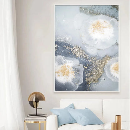 Blue White Golden Abstract Floral Wall Art Canvas Prints Poster For Modern Living Room Bedroom Decor