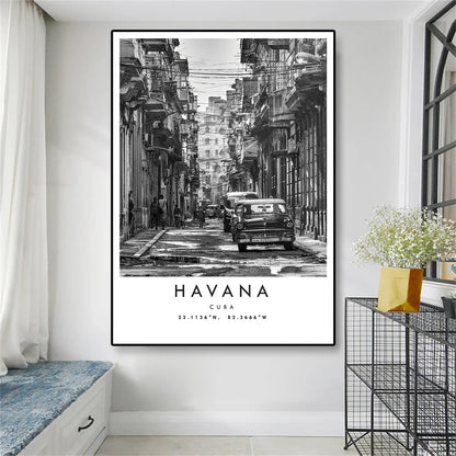 Cuba Havana Black & White Travel Poster Wall Art Canvas Prints For Living Room Dining Room