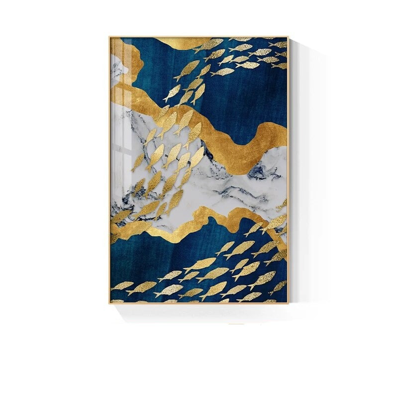 Abstract Auspicious Golden Fish Deep Blue Wall Art Fine Art Canvas Prints For Home Office Boutique Hotel Art Decor