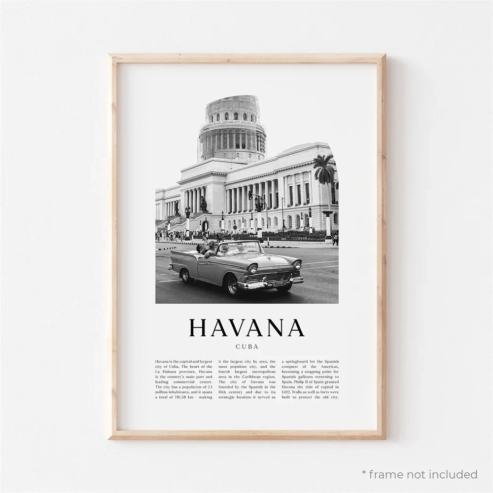 Cuba Havana Black & White Travel Poster Wall Art Canvas Prints For Living Room Dining Room