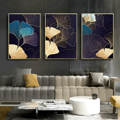 Abstract Botanical Tropical Blue Ginkgo Leaves Wall Art Fine Art Canvas Prints For Living Room Bedroom Hotel Room Decor