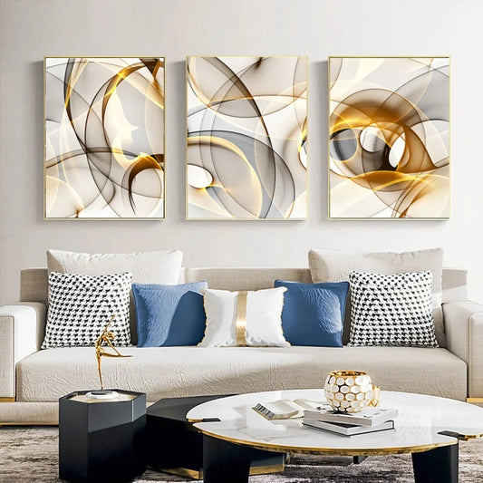 Abstract Flowing Black Golden Line Wall Art Canvas Prints Pictures For Modern Apartment Living Room Home Office Decor