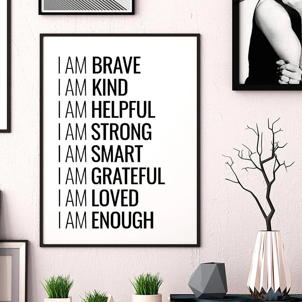 I Am Enough Inspirational Quotation Wall Art Canvas Print Black White Daily Mantra Motivational Poster For Bedroom Decor